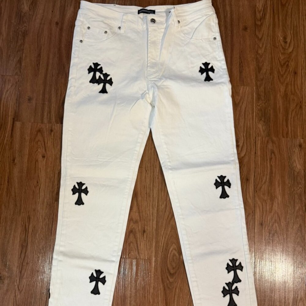 Chrome Hearts Slim Fit Stretch White Denim Black Cross Patch Jeans Size 36
